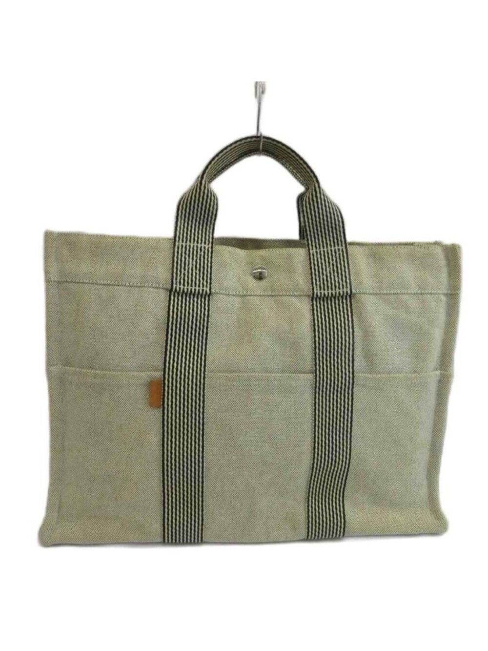 Hermes New Fourre Tout MM Tote Bag Canvas Stripe Light Gray Black